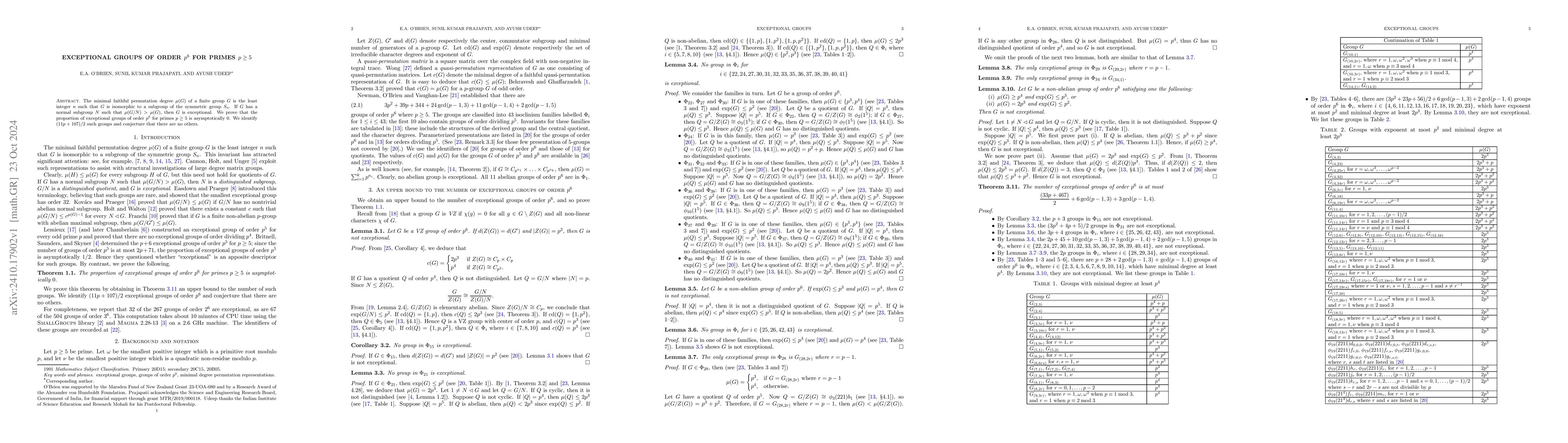 Thumbnail for Exceptional groups of order $p^6$ for primes $p\geq 5$