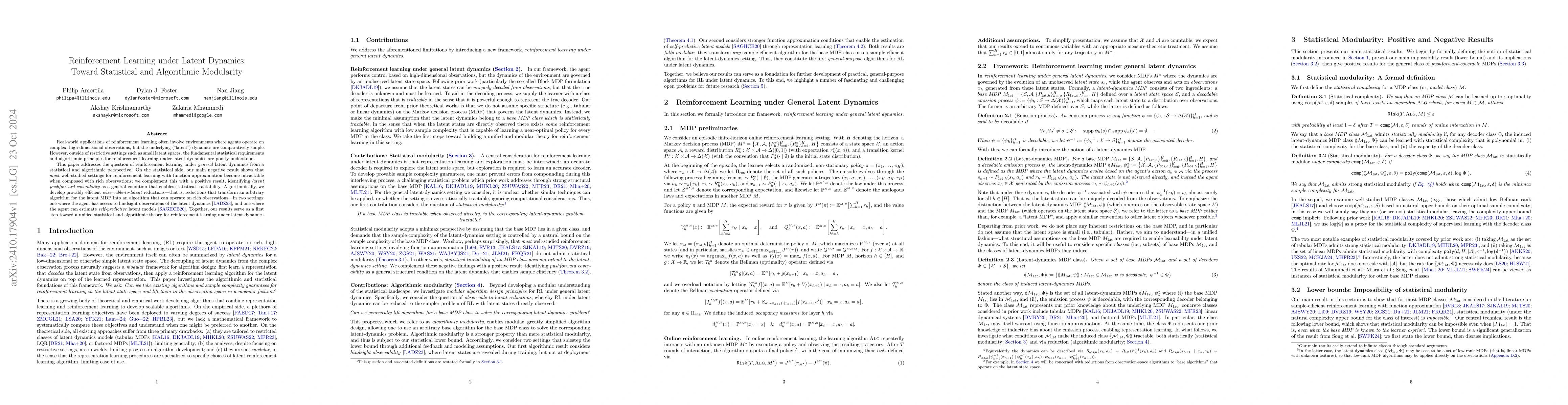 Thumbnail for Reinforcement Learning under Latent Dynamics: Toward Statistical and
  Algorithmic Modularity
