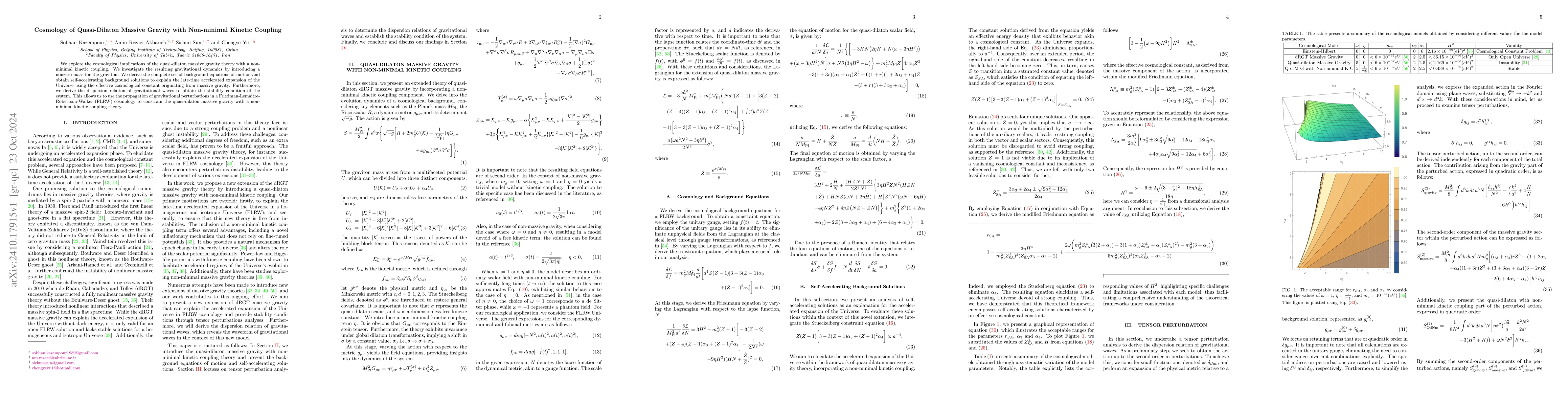 Thumbnail for Cosmology of Quasi-Dilaton Massive Gravity with Non-minimal Kinetic
  Coupling