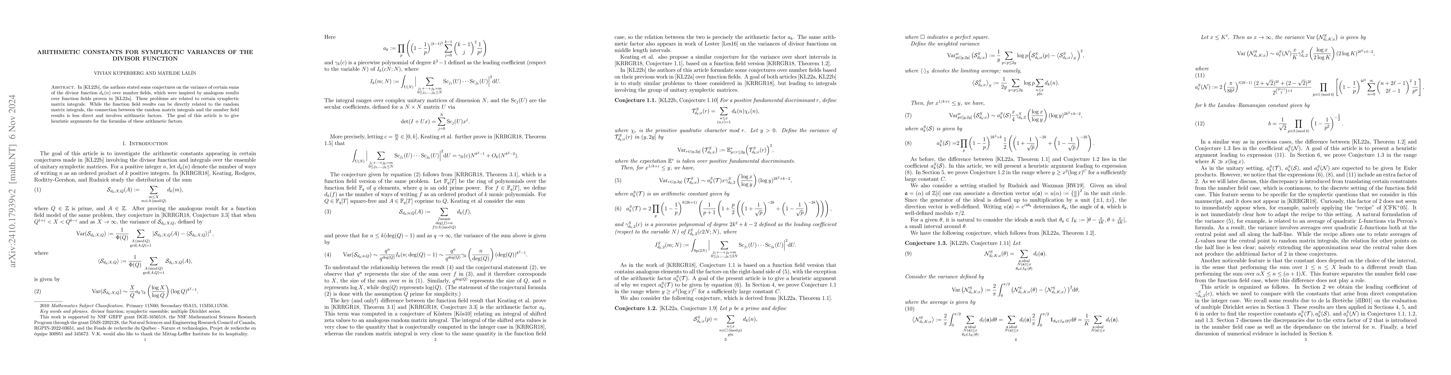 Thumbnail for Arithmetic constants for symplectic variances of the divisor function