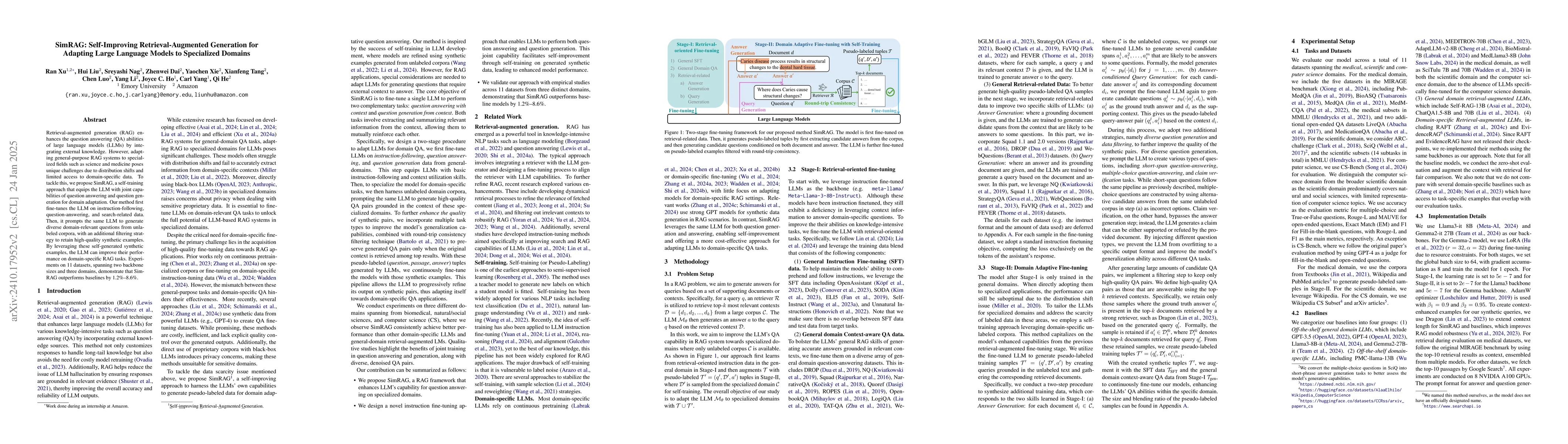 Thumbnail for SimRAG: Self-Improving Retrieval-Augmented Generation for Adapting Large
  Language Models to Specialized Domains