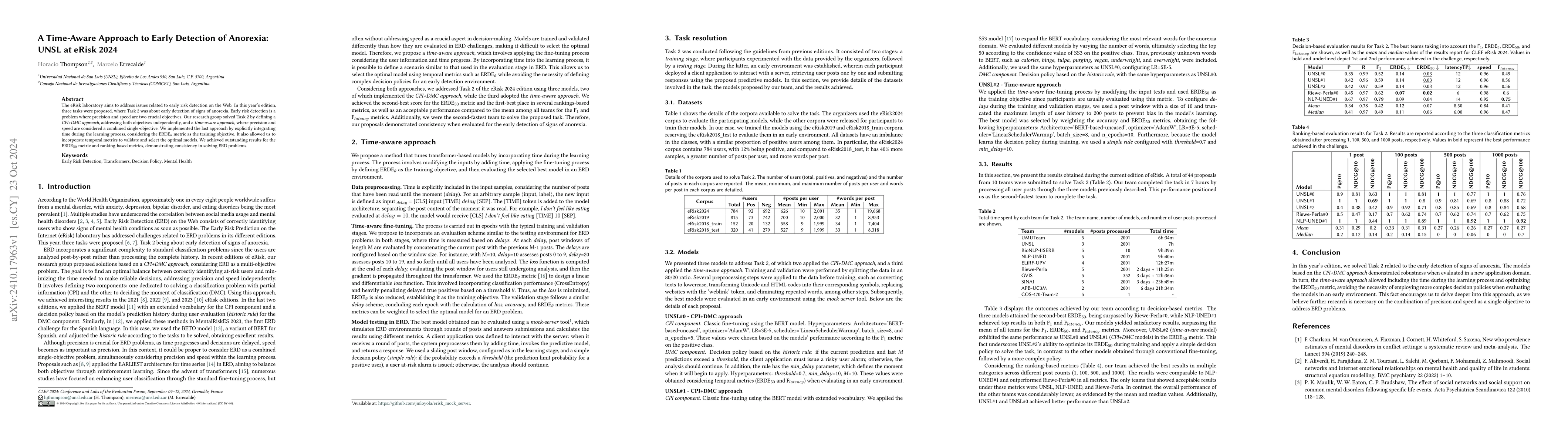 Thumbnail for A Time-Aware Approach to Early Detection of Anorexia: UNSL at eRisk 2024
