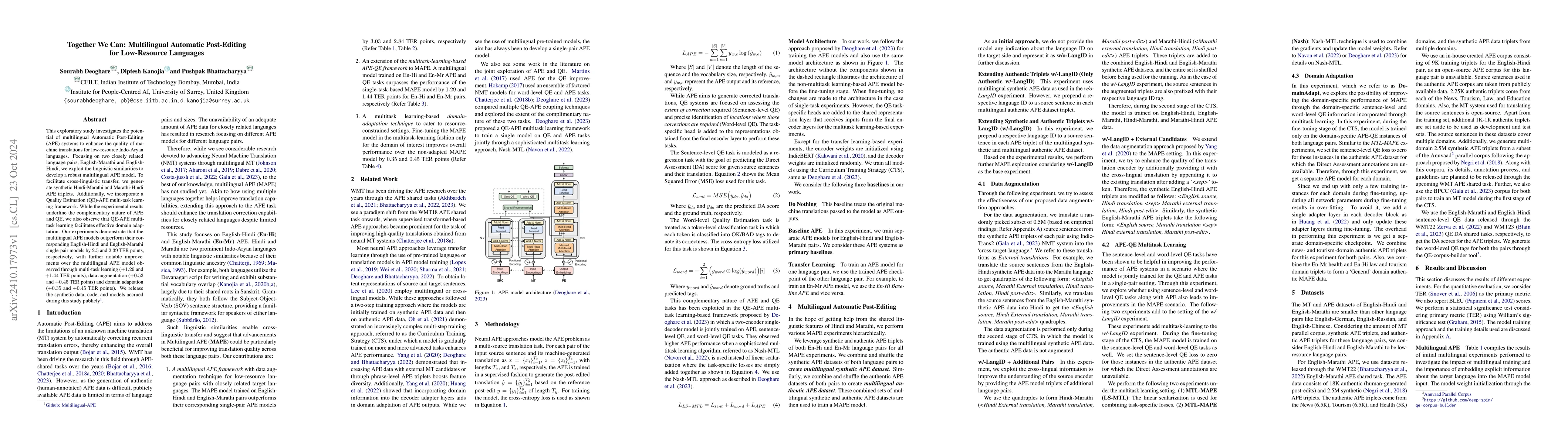 Thumbnail for Together We Can: Multilingual Automatic Post-Editing for Low-Resource
  Languages