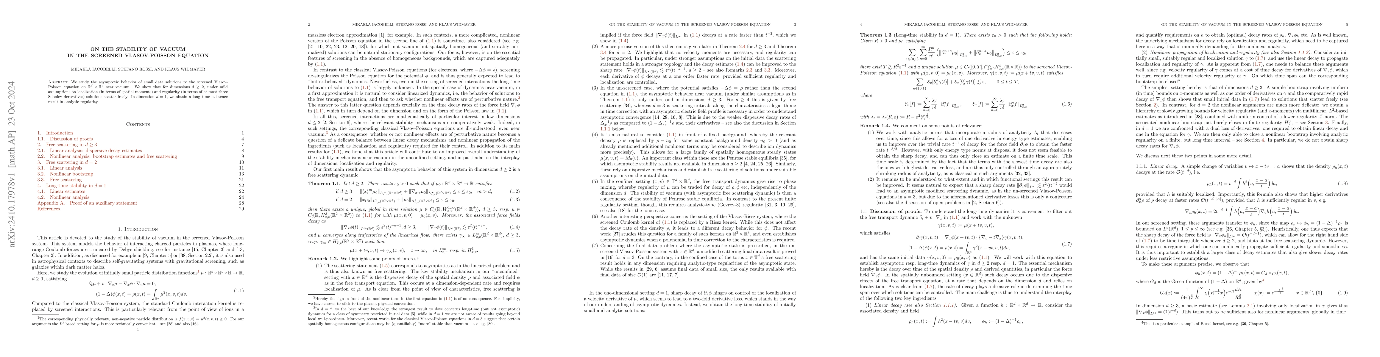 Thumbnail for On the stability of vacuum in the screened Vlasov-Poisson equation