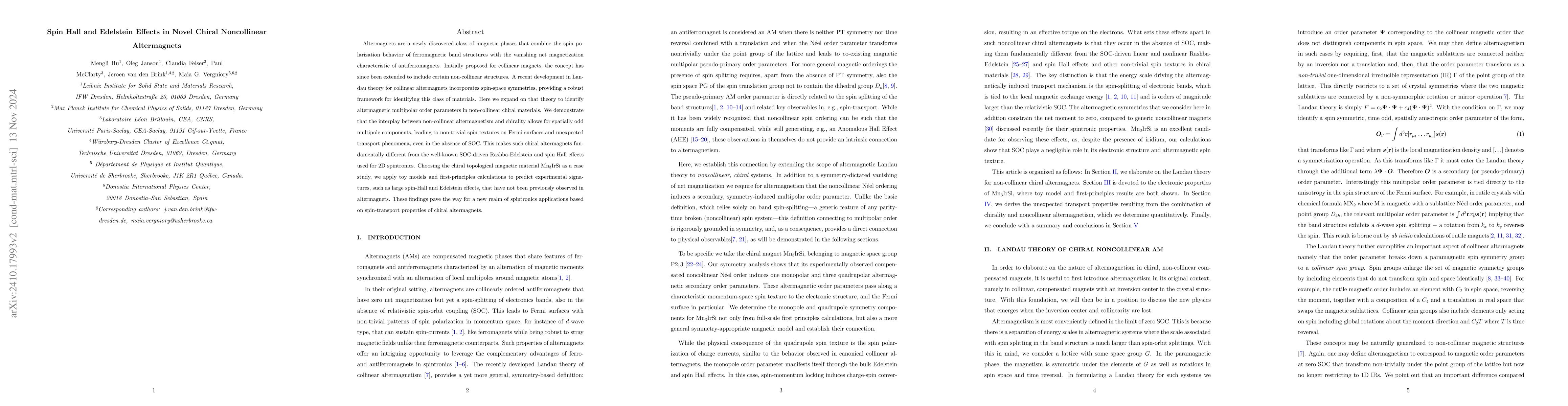 Thumbnail for Spin Hall and Edelstein Effects in Novel Chiral Noncollinear
  Altermagnets