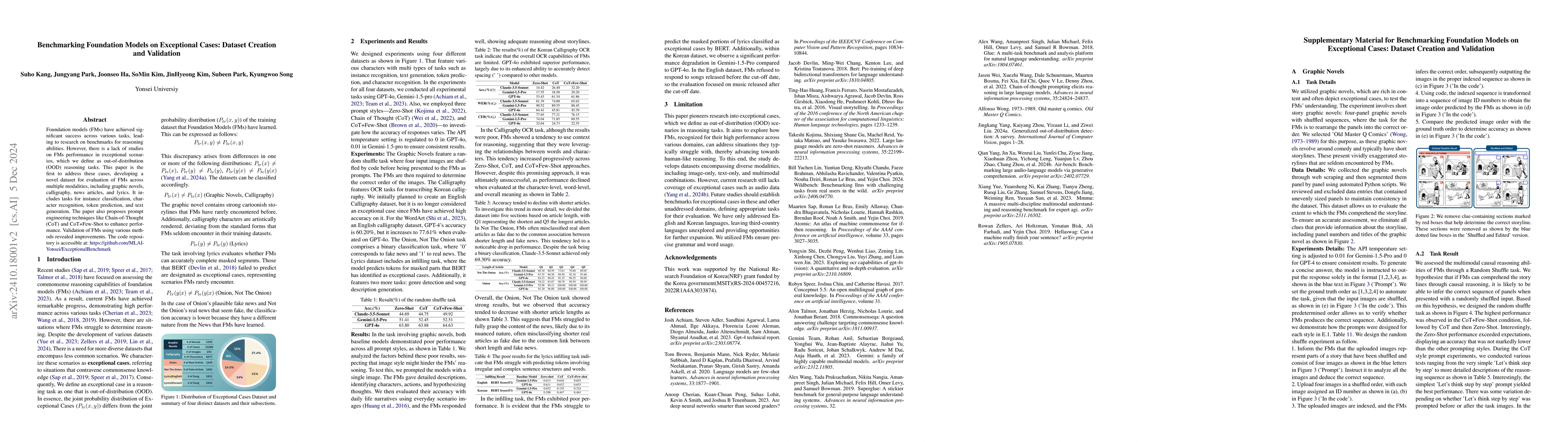 Thumbnail for Benchmarking Foundation Models on Exceptional Cases: Dataset Creation
  and Validation
