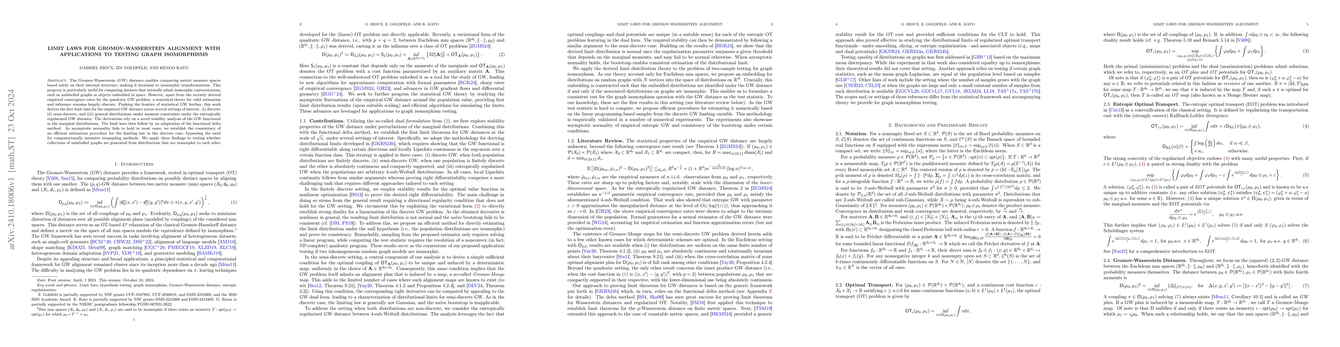 Thumbnail for Limit Laws for Gromov-Wasserstein Alignment with Applications to Testing
  Graph Isomorphisms