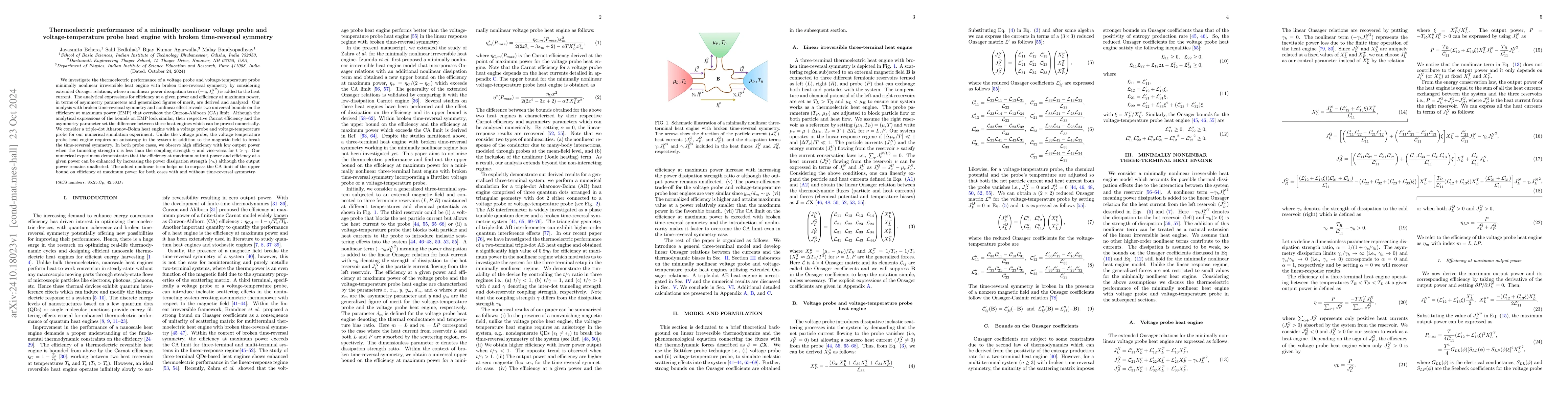 Thumbnail for Thermoelectric performance of a minimally nonlinear voltage probe and
  voltage-temperature probe heat engine with broken time-reversal symmetry