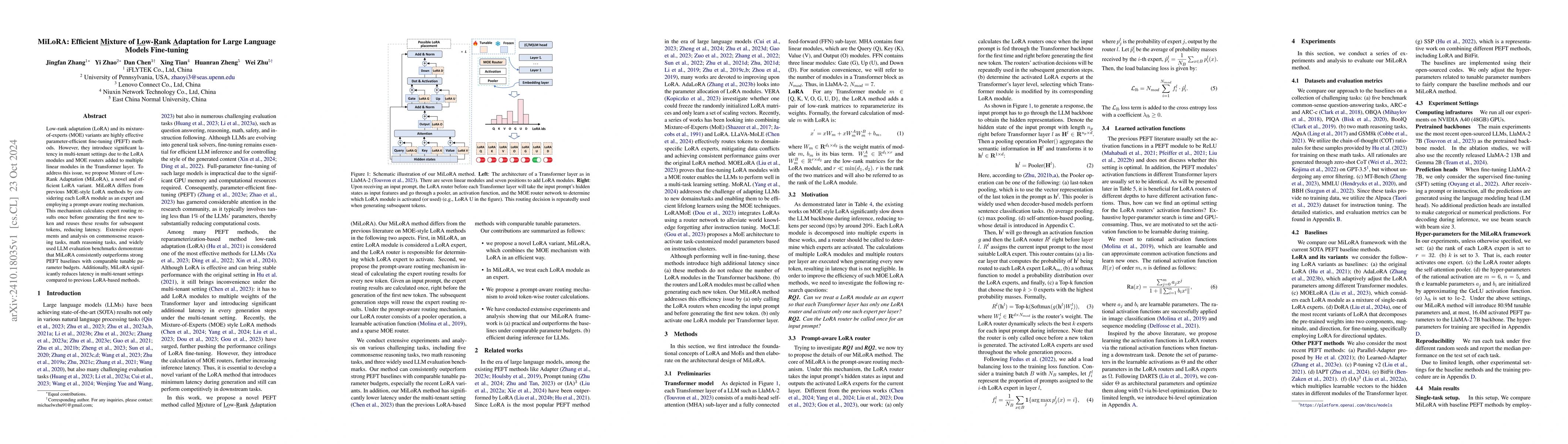 Thumbnail for MiLoRA: Efficient Mixture of Low-Rank Adaptation for Large Language
  Models Fine-tuning