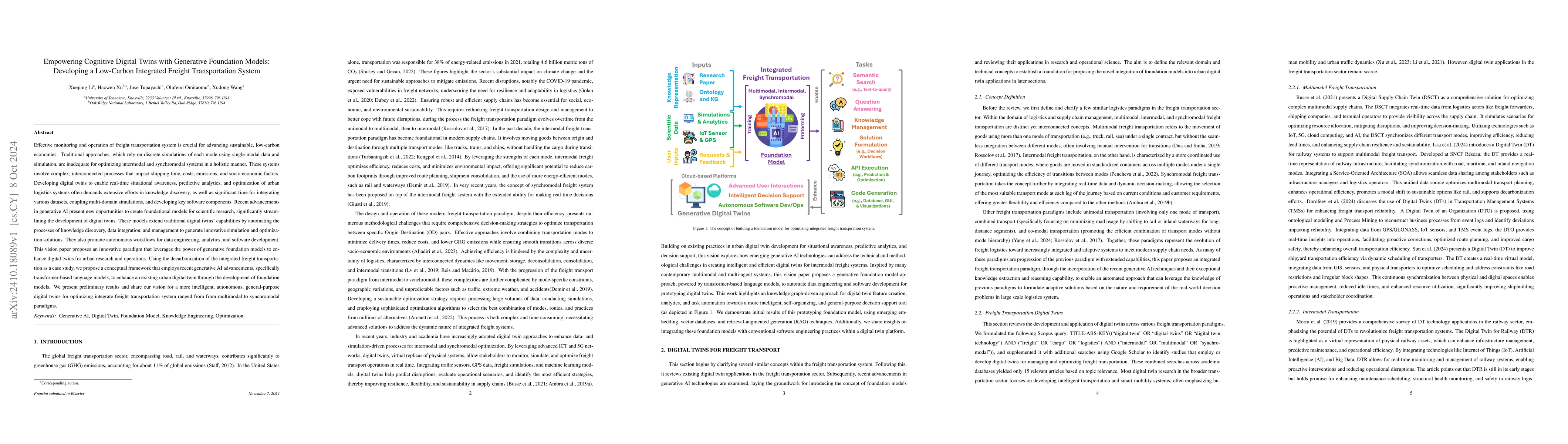 Thumbnail for Empowering Cognitive Digital Twins with Generative Foundation Models:
  Developing a Low-Carbon Integrated Freight Transportation System