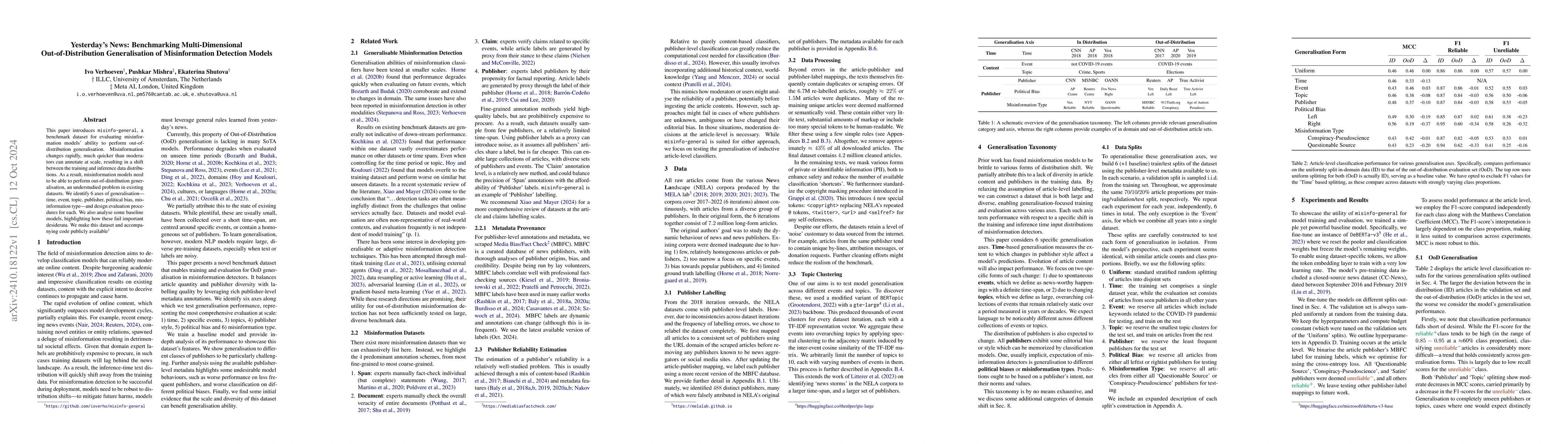Thumbnail for Yesterday's News: Benchmarking Multi-Dimensional Out-of-Distribution
  Generalisation of Misinformation Detection Models