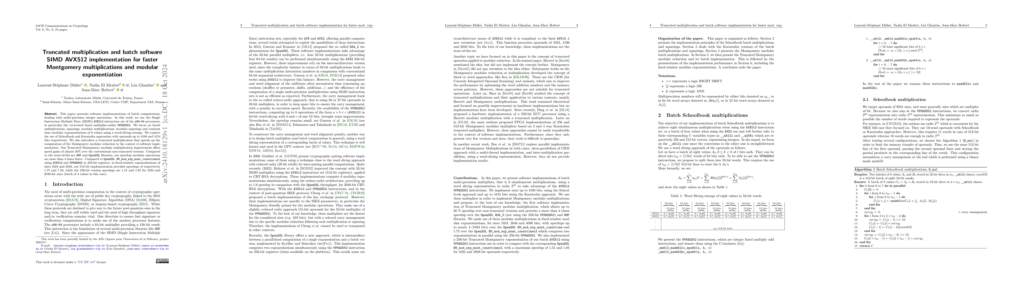 Thumbnail for Truncated multiplication and batch software SIMD AVX512 implementation
  for faster Montgomery multiplications and modular exponentiation