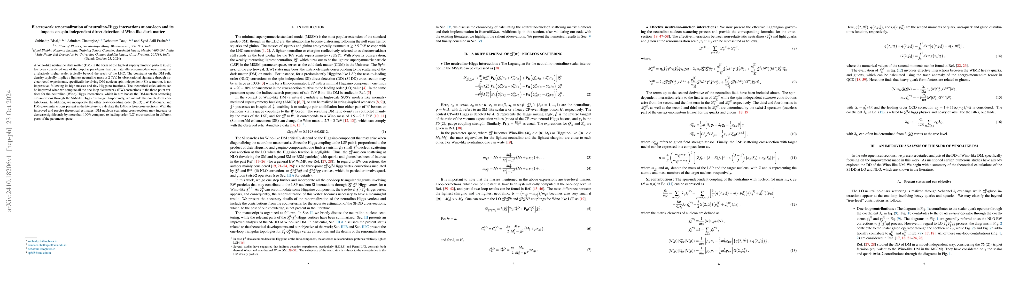 Thumbnail for Electroweak renormalization of neutralino-Higgs interactions at one-loop
  and its impacts on spin-independent direct detection of Wino-like dark matter
