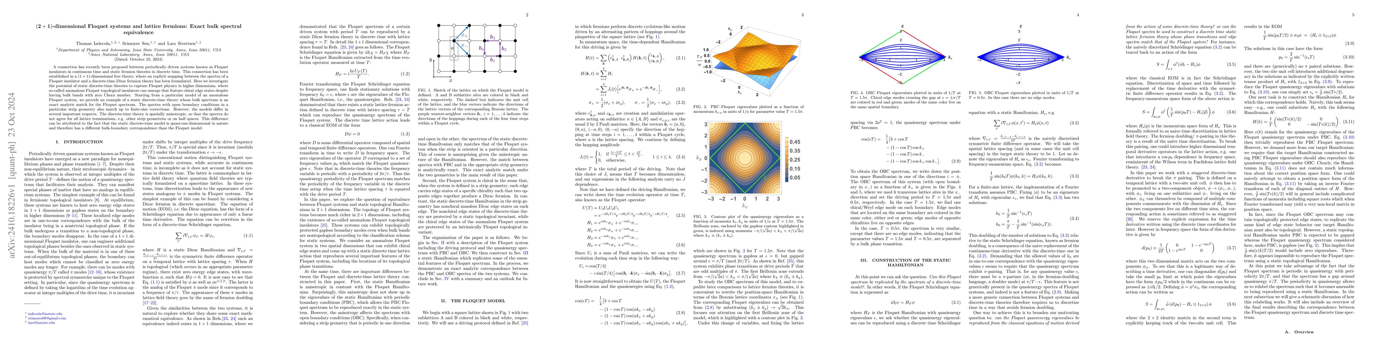 Thumbnail for $2+1$ dimensional Floquet systems and lattice fermions: Exact bulk
  spectral equivalence