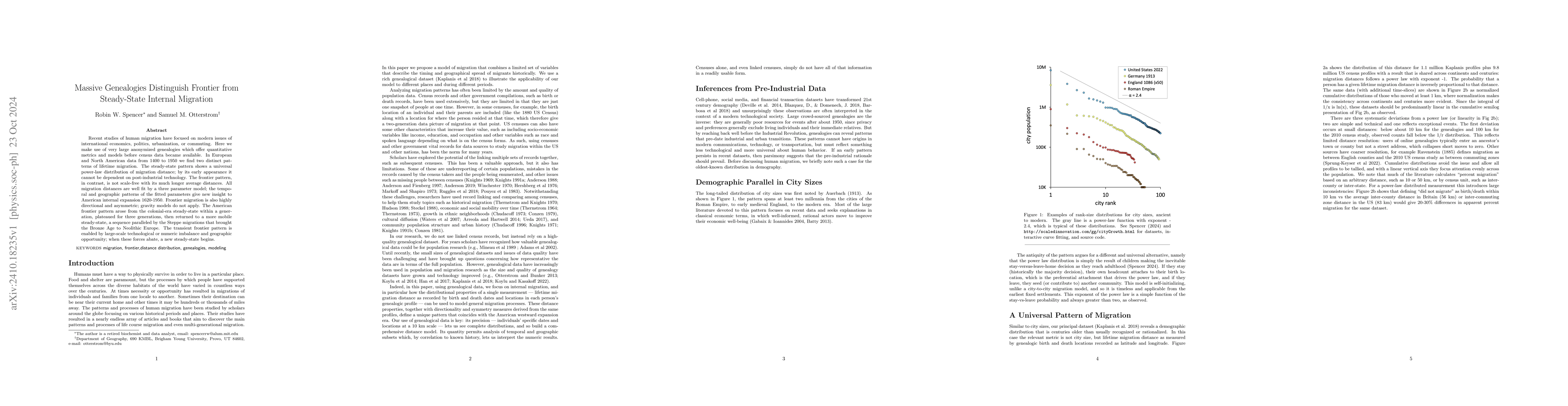 Thumbnail for Massive Genealogies Distinguish Frontier from Steady-State Internal
  Migration