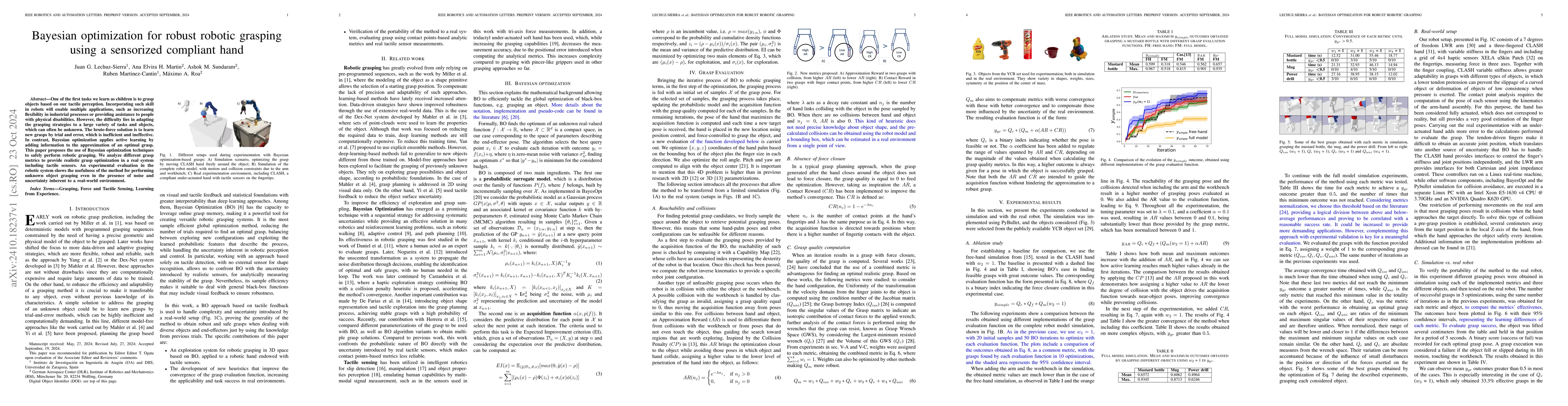 Thumbnail for Bayesian optimization for robust robotic grasping using a sensorized
  compliant hand