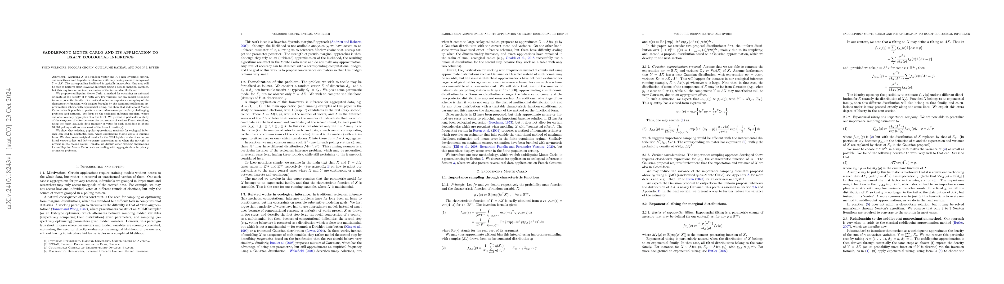 Thumbnail for Saddlepoint Monte Carlo and its Application to Exact Ecological
  Inference