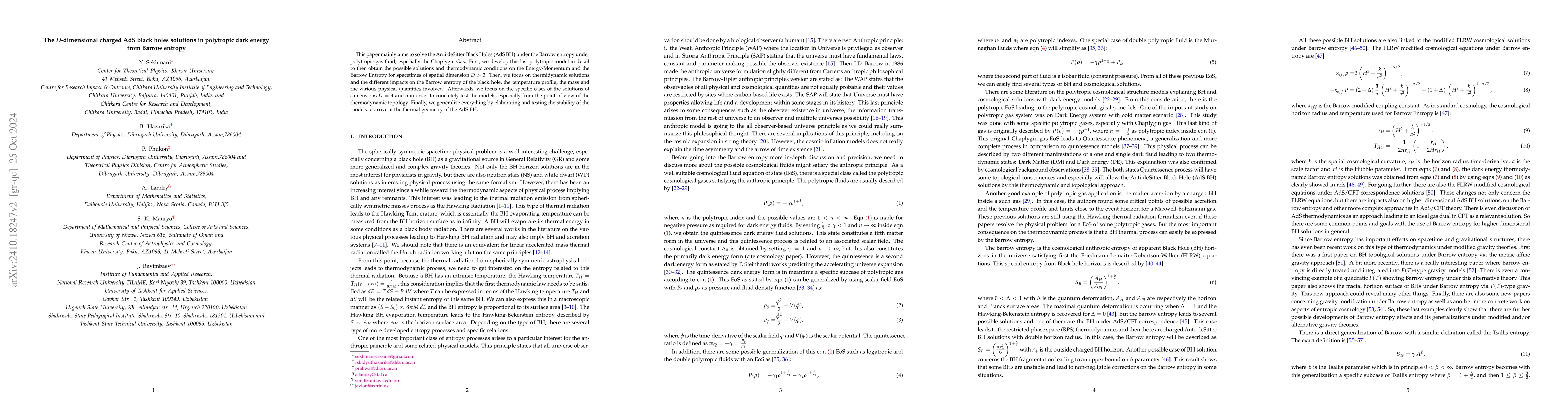 Thumbnail for The $D$-dimensional charged AdS black holes solutions in polytropic dark
  energy from Barrow entropy