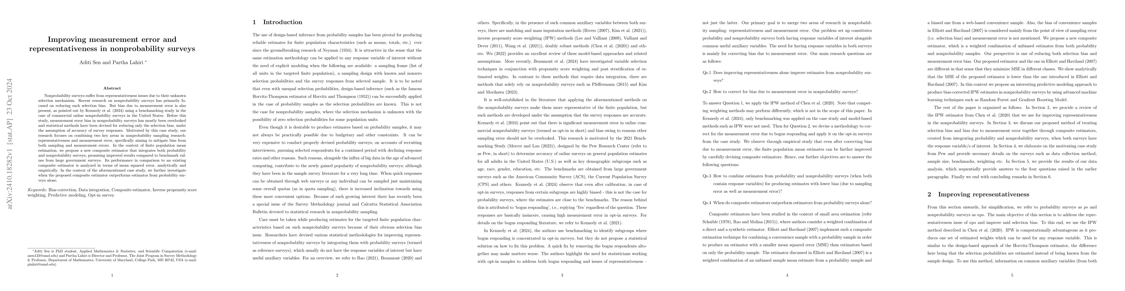 Thumbnail for Improving measurement error and representativeness in nonprobability
  surveys