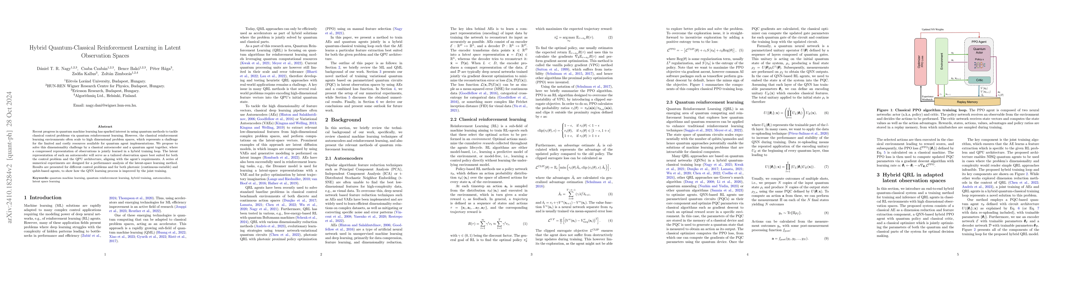 Thumbnail for Hybrid Quantum-Classical Reinforcement Learning in Latent Observation
  Spaces