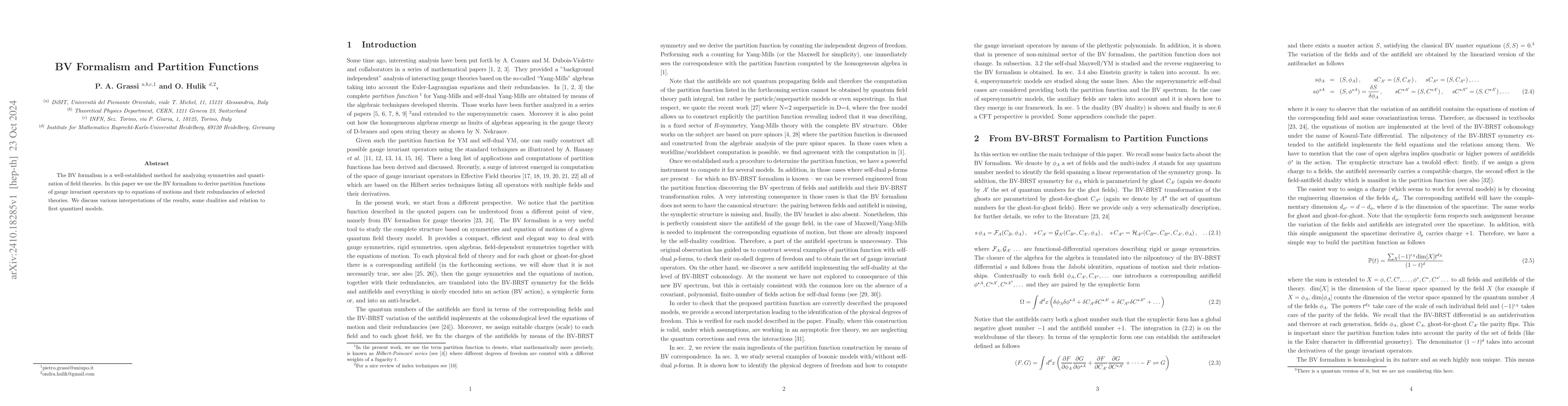 Thumbnail for BV Formalism and Partition Functions