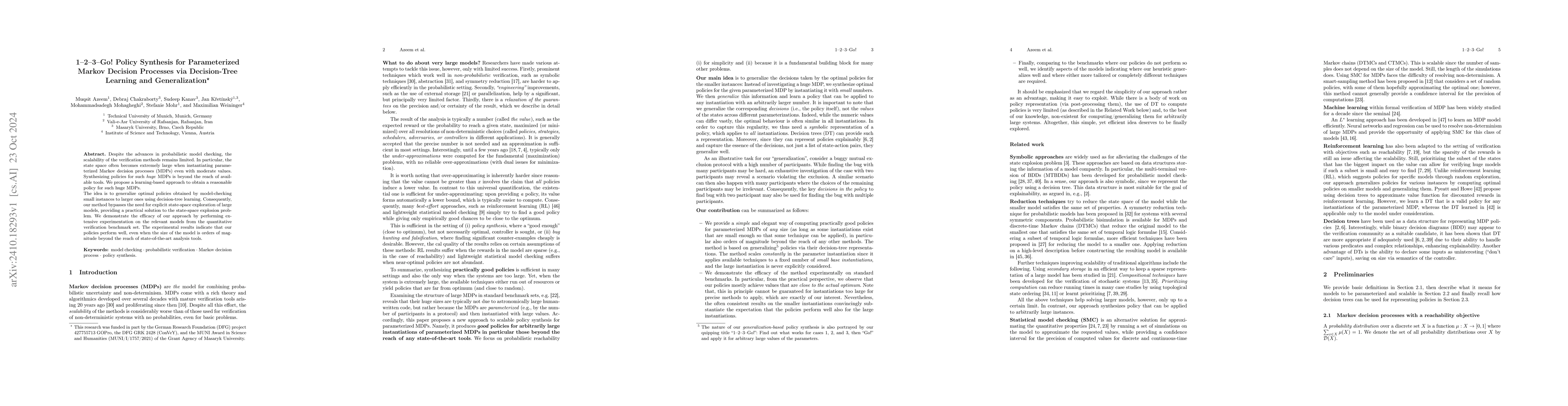 Thumbnail for 1-2-3-Go! Policy Synthesis for Parameterized Markov Decision Processes
  via Decision-Tree Learning and Generalization