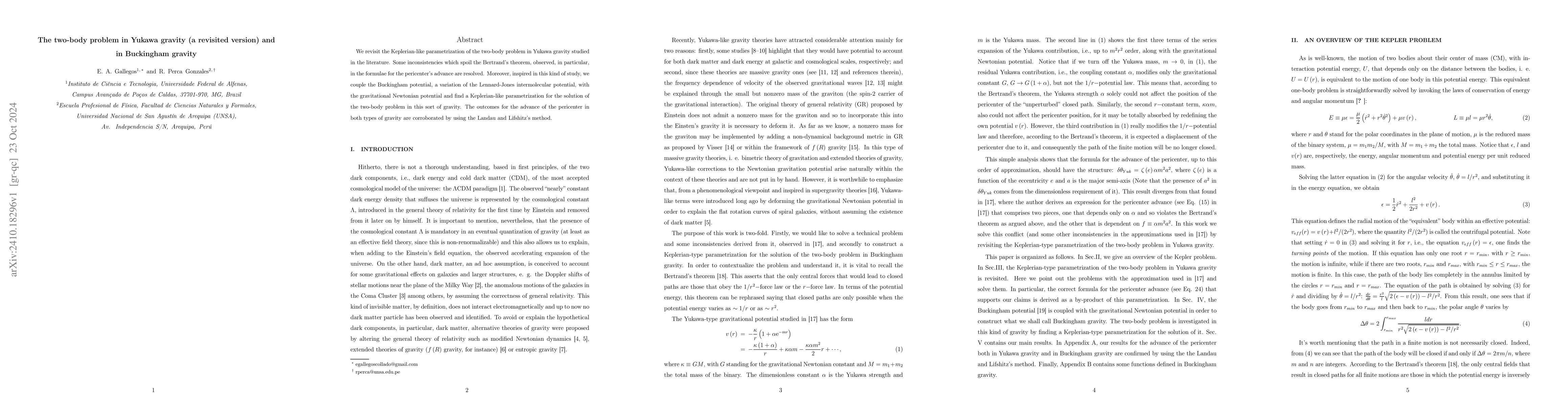 Thumbnail for The two-body problem in Yukawa gravity (a revisited version) and in
  Buckingham gravity