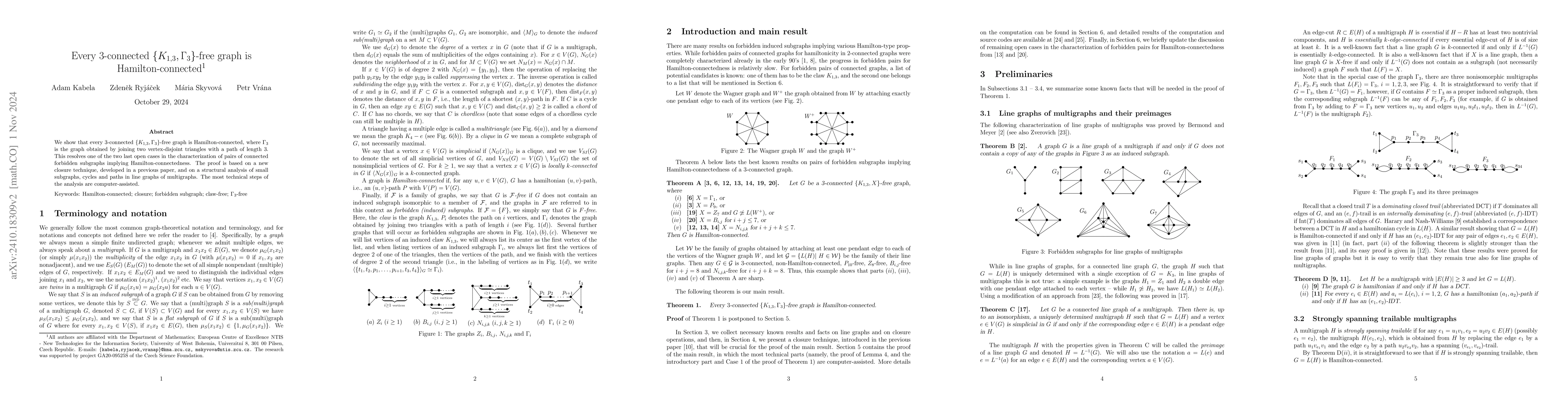 Thumbnail for Every $3$-connected $\{K_{1,3},Γ_3\}$-free graph is
  Hamilton-connected
