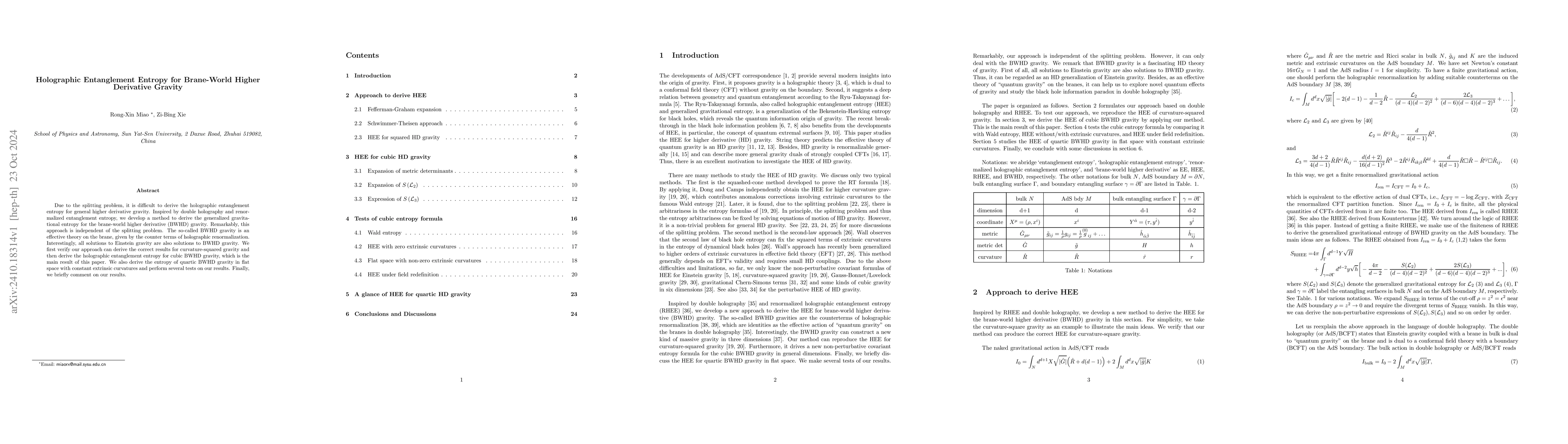 Thumbnail for Holographic Entanglement Entropy for Brane-World Higher Derivative
  Gravity