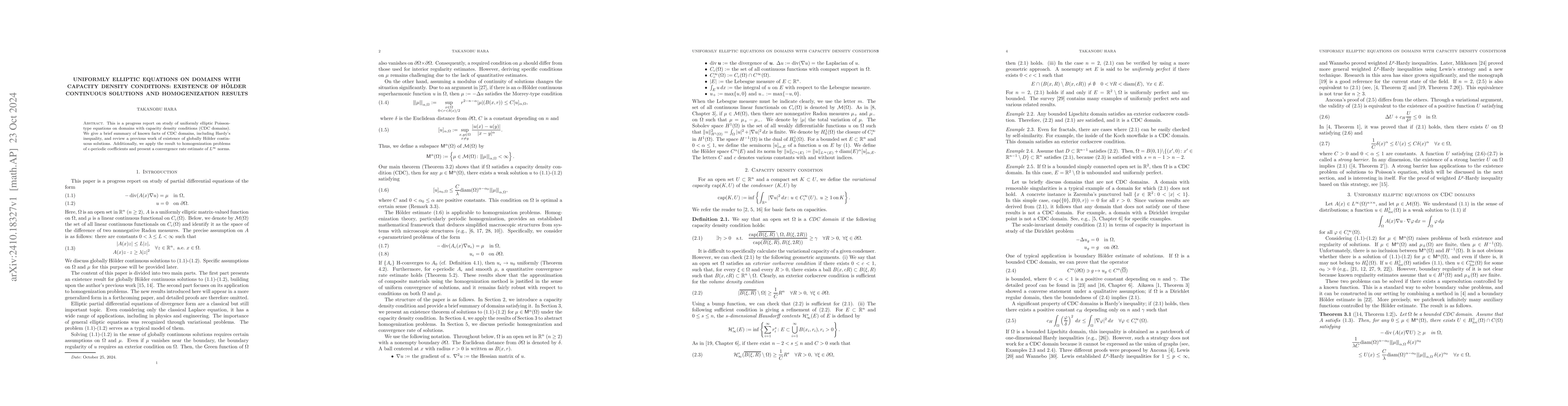Thumbnail for Uniformly Elliptic Equations on Domains with Capacity Density
  Conditions: Existence of Hölder Continuous Solutions and Homogenization
  Results