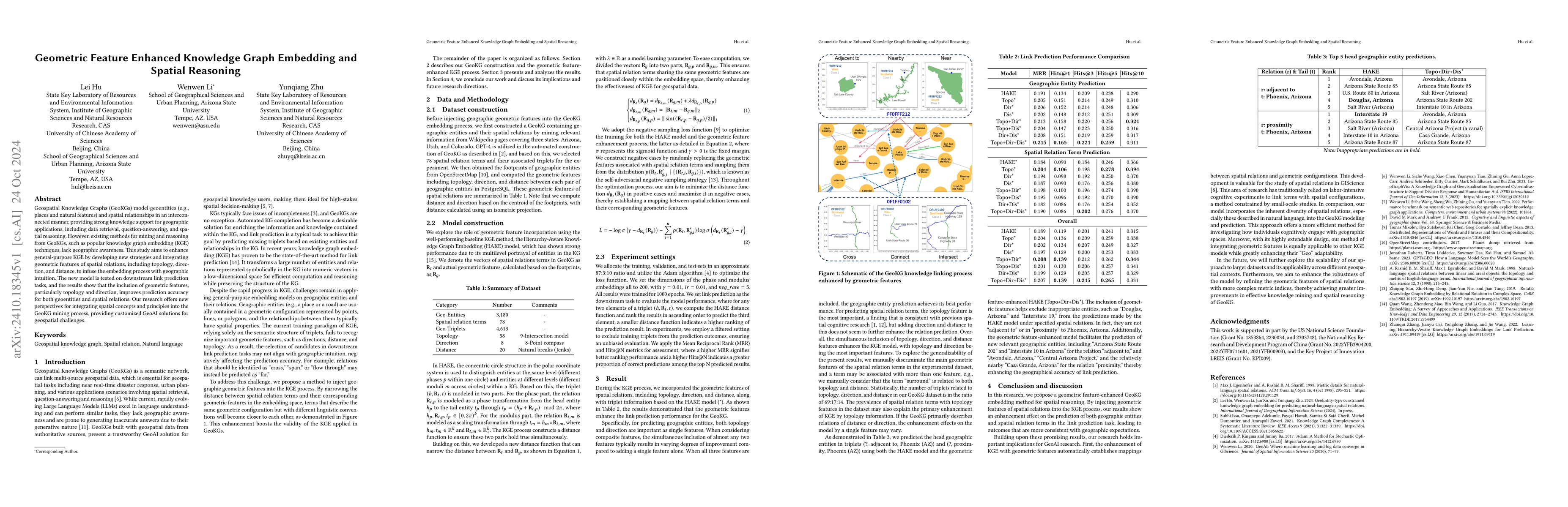 Thumbnail for Geometric Feature Enhanced Knowledge Graph Embedding and Spatial
  Reasoning