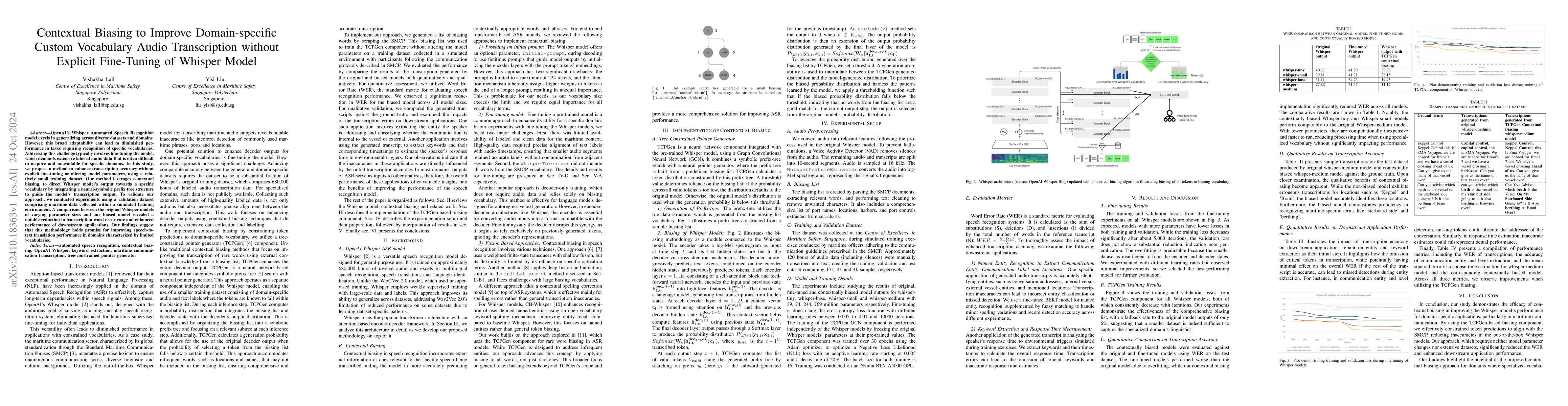 Thumbnail for Contextual Biasing to Improve Domain-specific Custom Vocabulary Audio
  Transcription without Explicit Fine-Tuning of Whisper Model