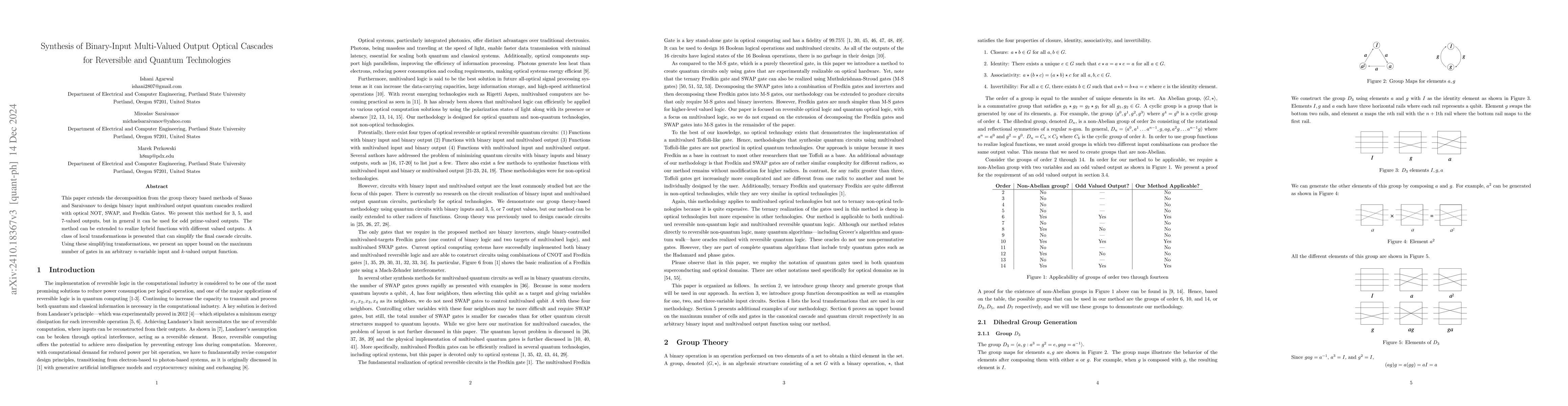 Thumbnail for Synthesis of Binary-Input Multi-Valued Output Optical Cascades for
  Reversible and Quantum Technologies