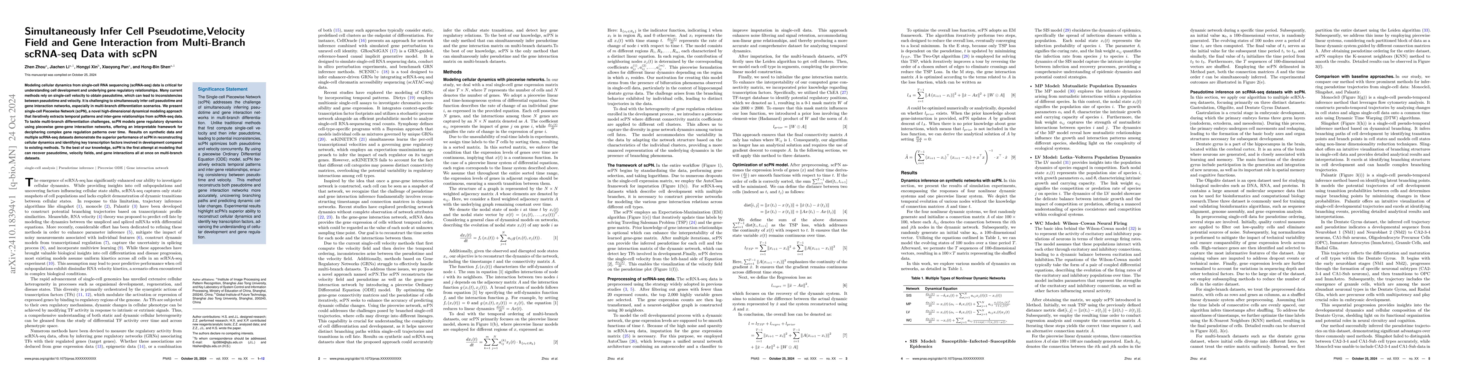 Thumbnail for Simultaneously Infer Cell Pseudotime,Velocity Field and Gene Interaction
  from Multi-Branch scRNA-seq Data with scPN