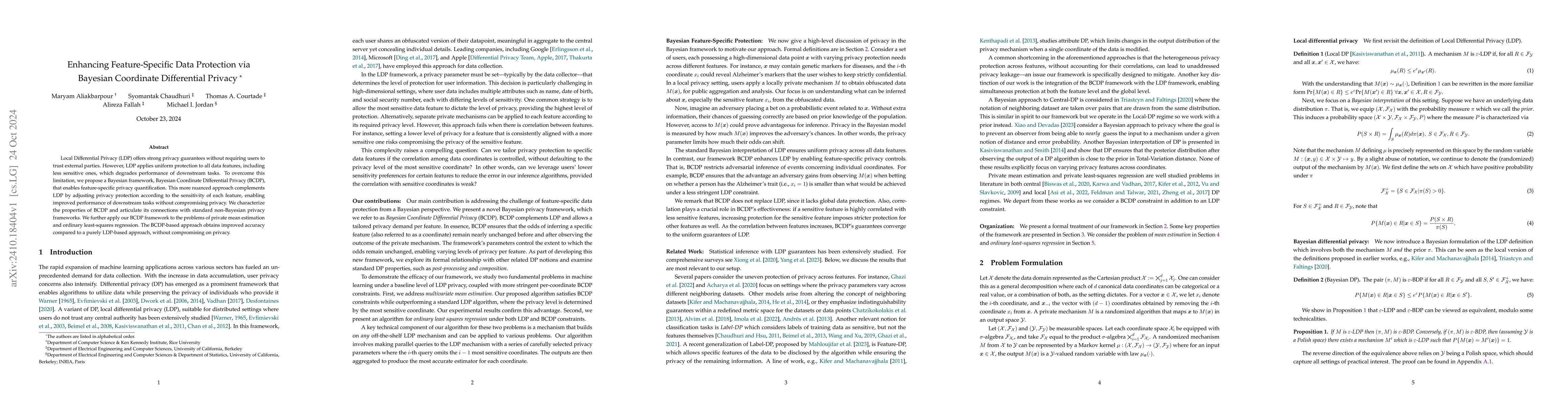Thumbnail for Enhancing Feature-Specific Data Protection via Bayesian Coordinate
  Differential Privacy