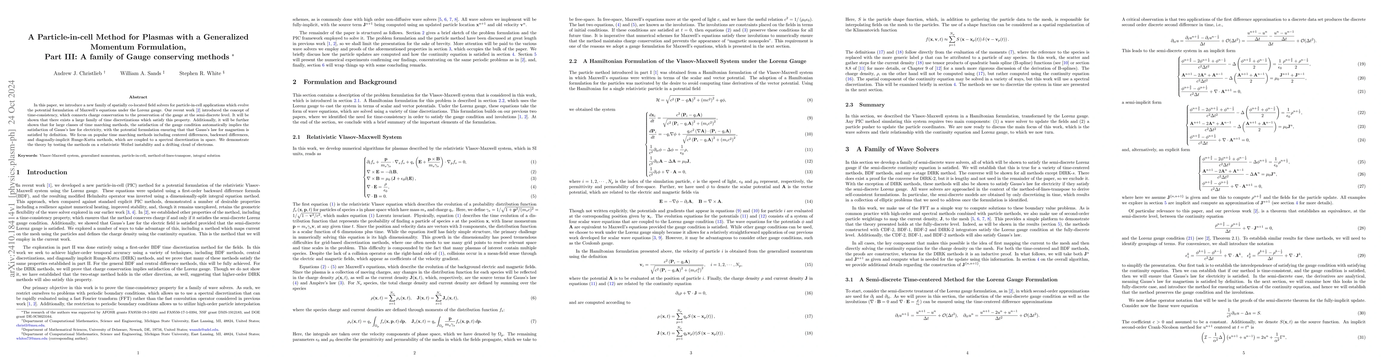 Thumbnail for A Particle-In-Cell Method for Plasmas with a Generalized Momentum
  Formulation, Part III: A Family of Gauge Conserving Methods