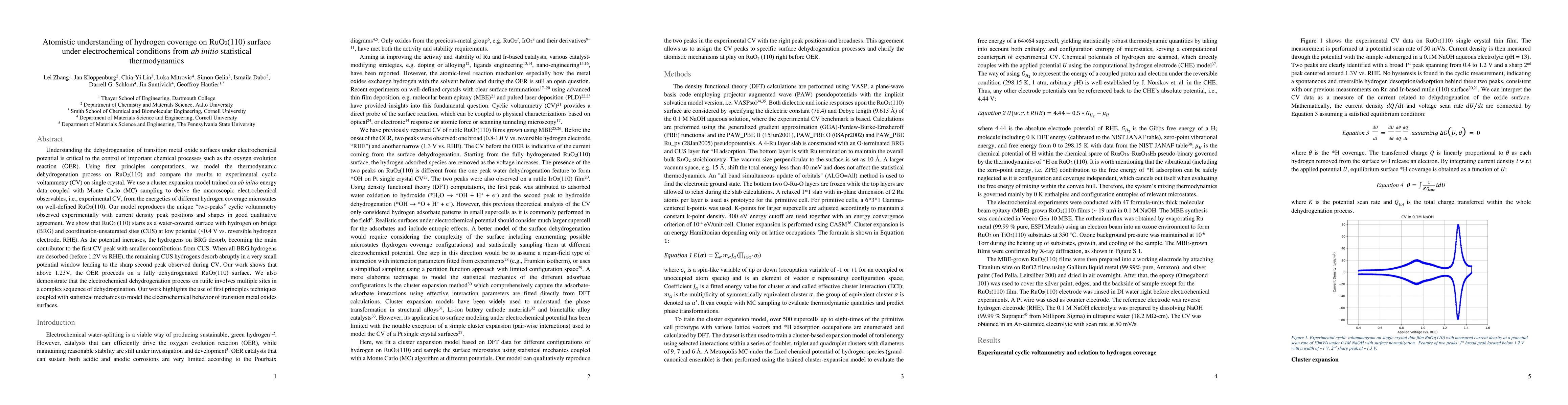 Thumbnail for Atomistic understanding of hydrogen coverage on RuO2(110) surface under
  electrochemical conditions from ab initio statistical thermodynamics