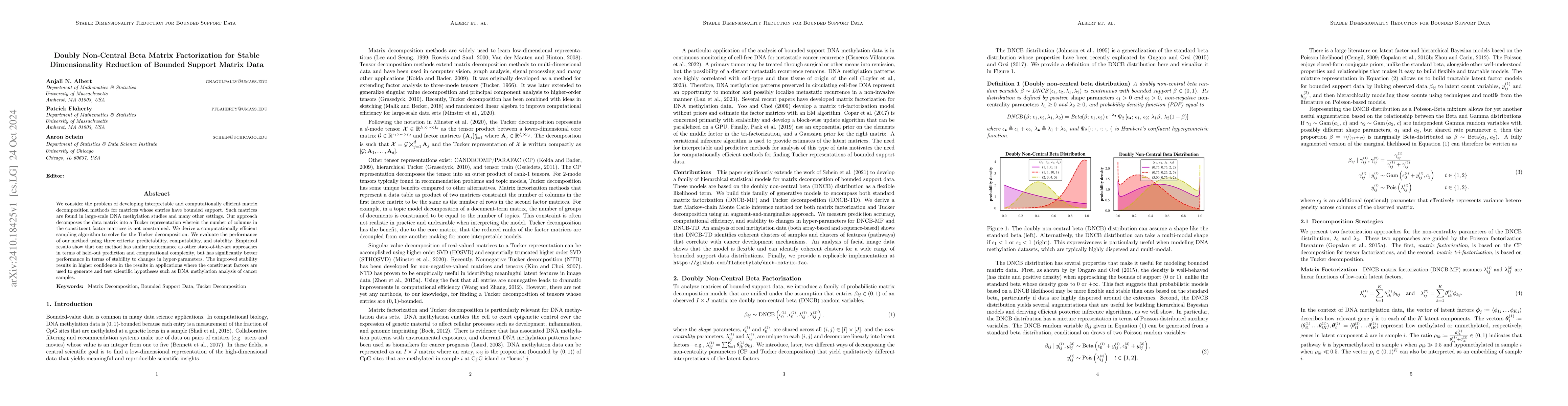 Thumbnail for Doubly Non-Central Beta Matrix Factorization for Stable Dimensionality
  Reduction of Bounded Support Matrix Data