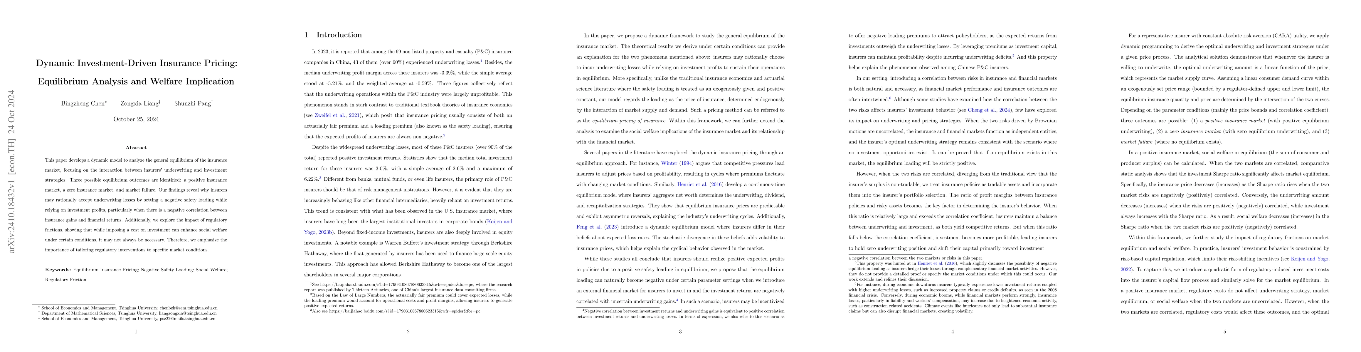 Thumbnail for Dynamic Investment-Driven Insurance Pricing: Equilibrium Analysis and
  Welfare Implication