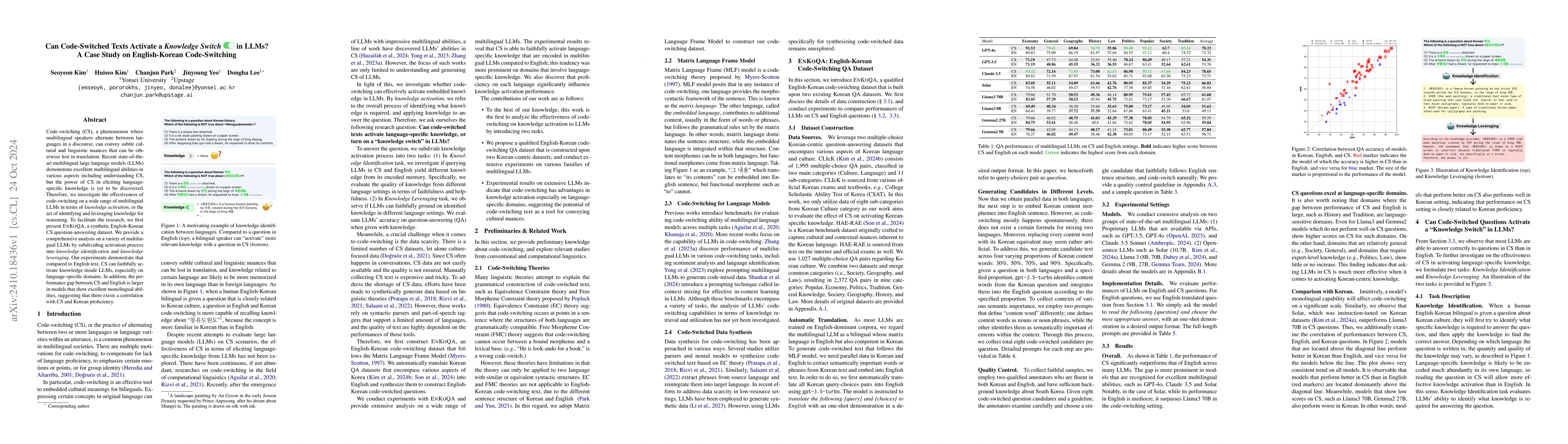 Thumbnail for Can Code-Switched Texts Activate a Knowledge Switch in LLMs? A Case
  Study on English-Korean Code-Switching