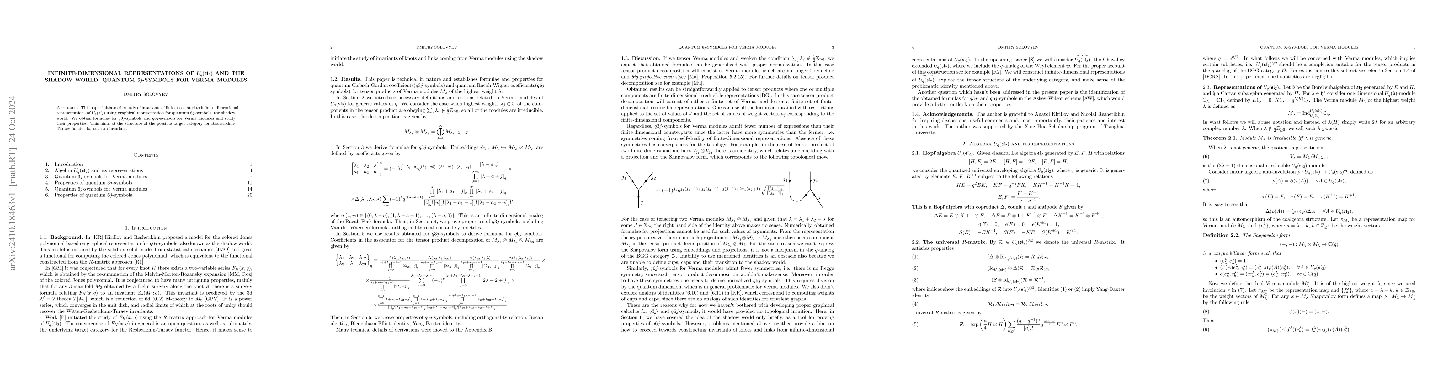 Thumbnail for Infinite-dimensional representations of $U_q(\mathfrak{sl}_2)$ and the
  shadow world: quantum $6j$-symbols for Verma modules