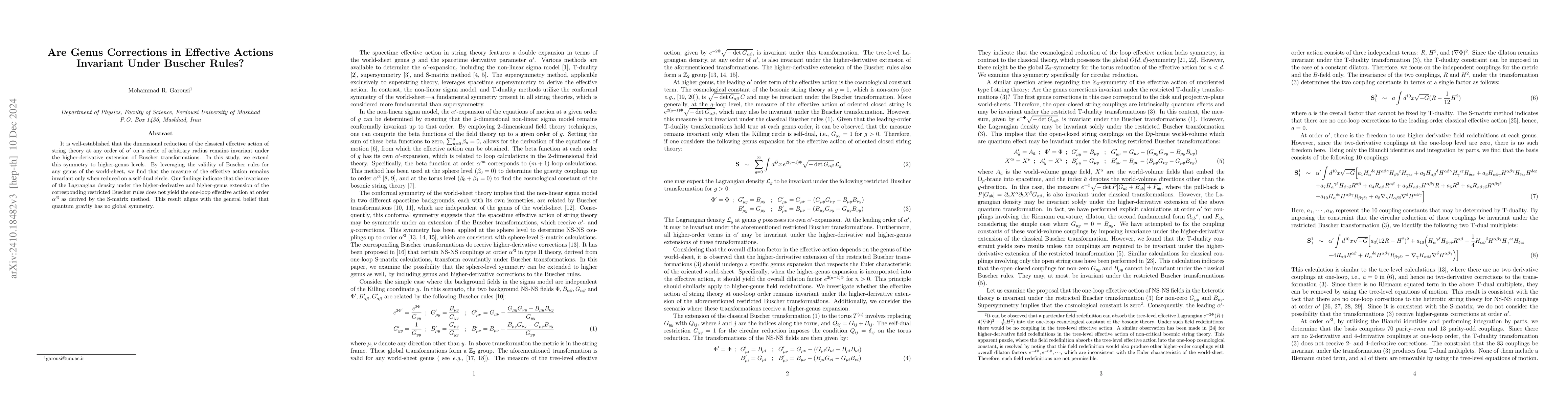 Thumbnail for Are Genus Corrections in Effective Actions Invariant Under Buscher
  Rules?