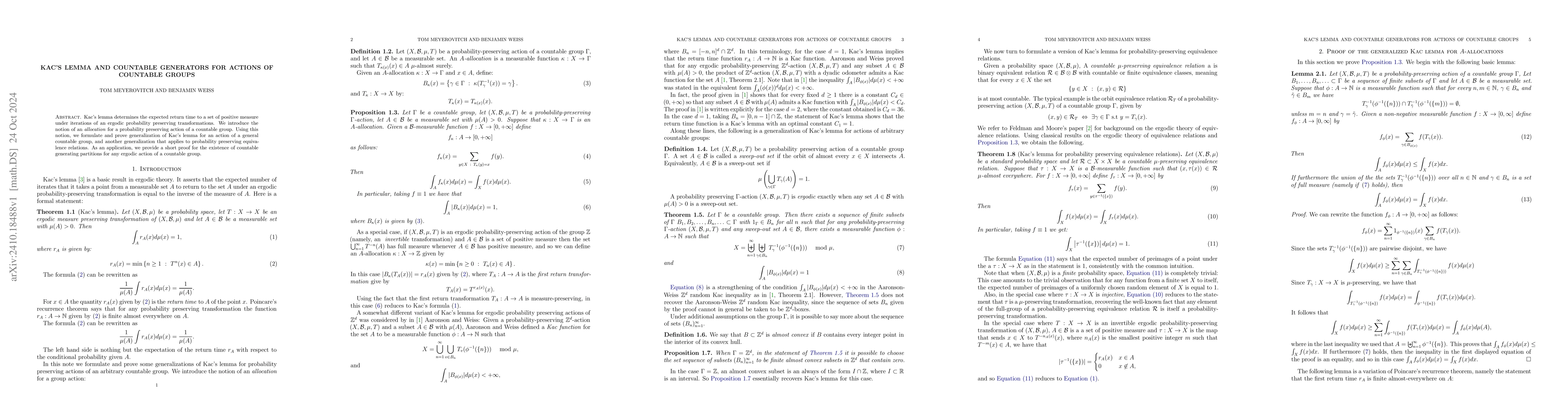 Thumbnail for Kac's Lemma and countable generators for actions of countable groups