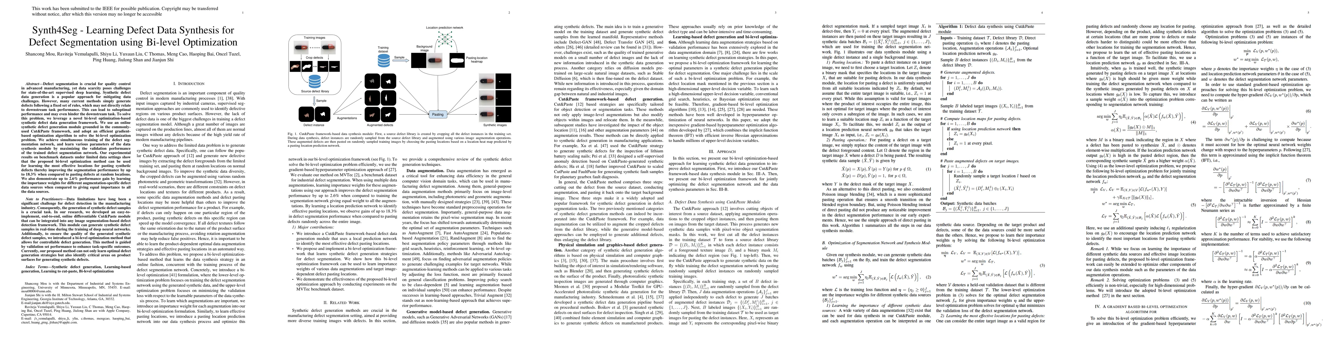 Thumbnail for Synth4Seg -- Learning Defect Data Synthesis for Defect Segmentation
  using Bi-level Optimization