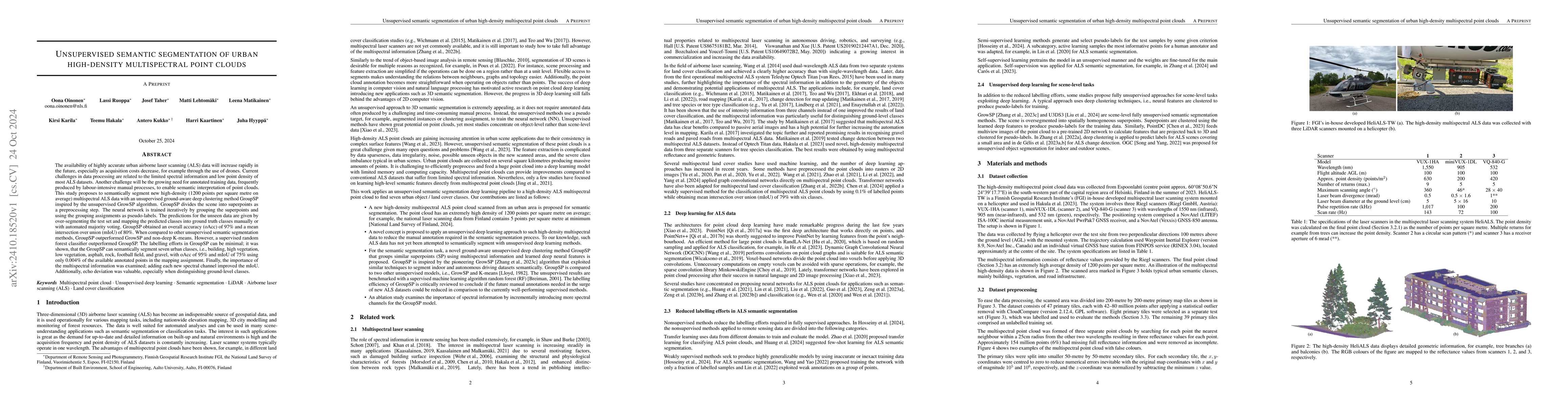 Thumbnail for Unsupervised semantic segmentation of urban high-density multispectral
  point clouds