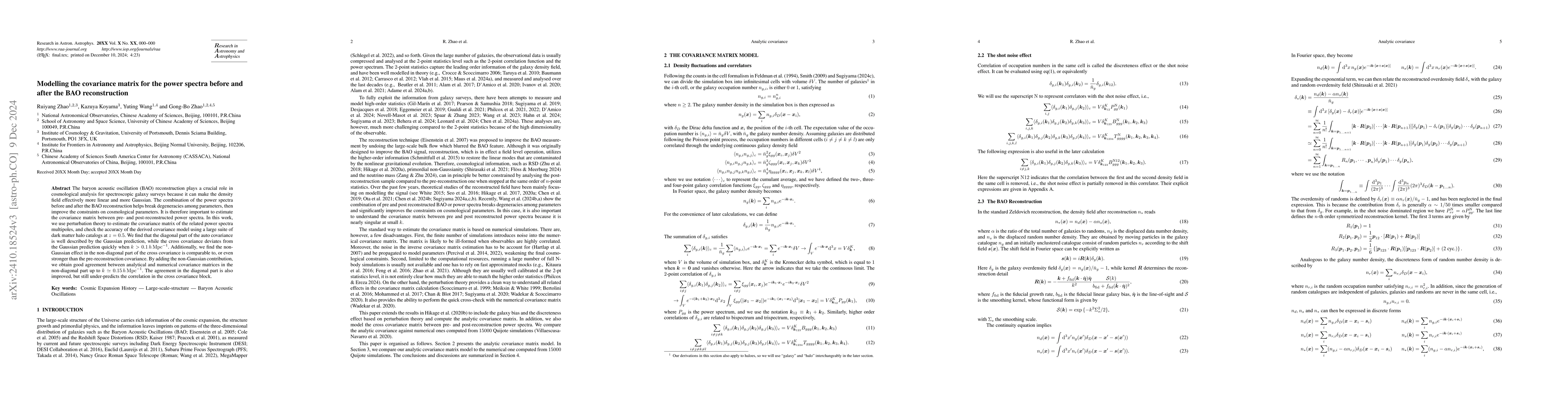Thumbnail for Modelling the covariance matrix for the power spectra before and after
  the BAO reconstruction