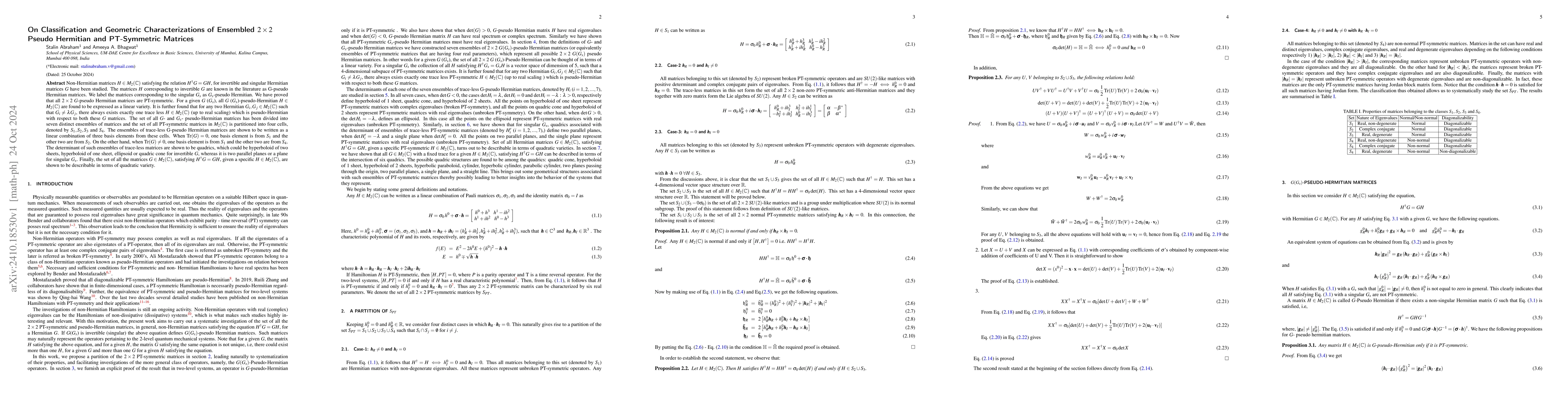 Thumbnail for On Classification and Geometric Characterizations of Ensembled
  $2\times2$ Pseudo Hermitian and PT-Symmetric Matrices
