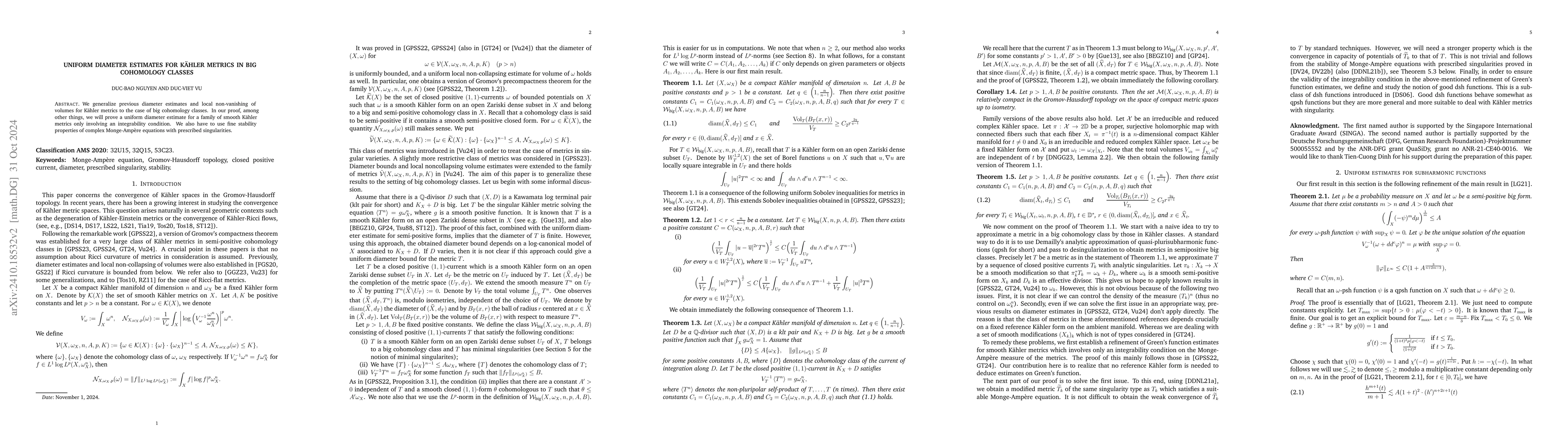 Thumbnail for Uniform diameter estimates for Kaehler metrics in big cohomology classes