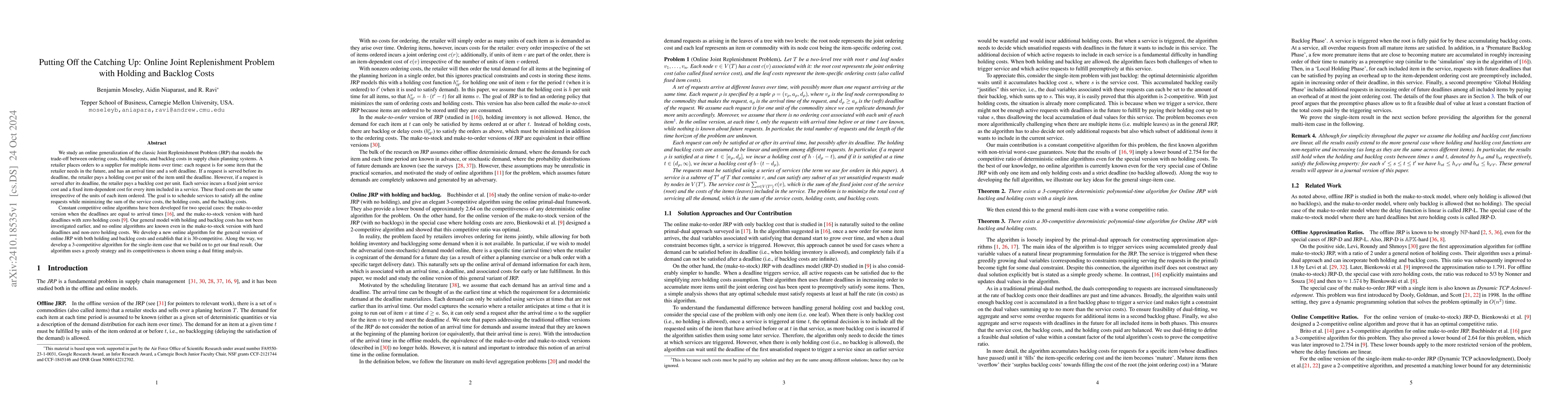 Thumbnail for Putting Off the Catching Up: Online Joint Replenishment Problem with
  Holding and Backlog Costs