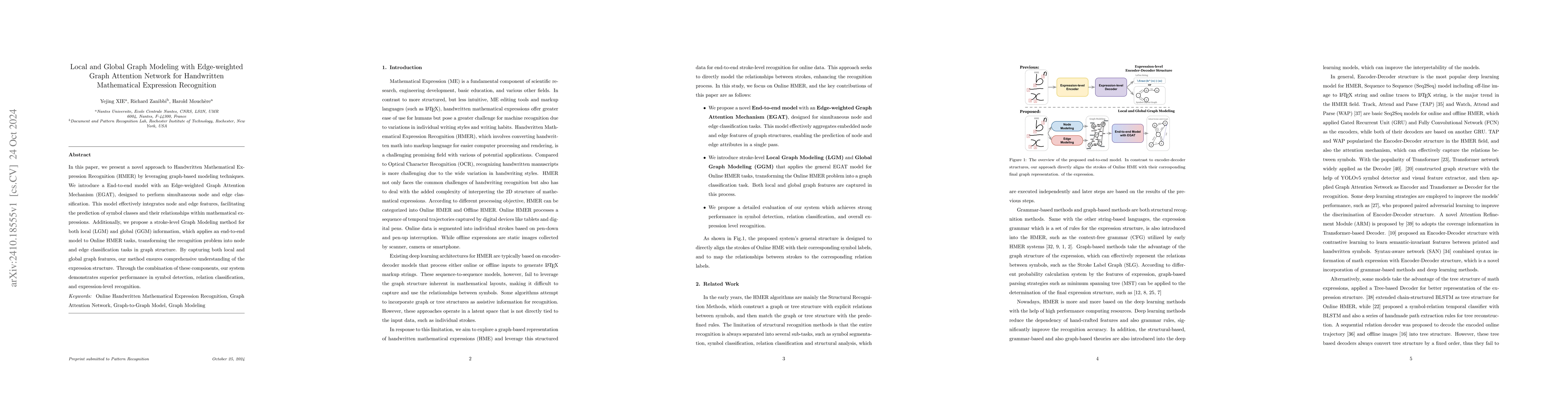 Thumbnail for Local and Global Graph Modeling with Edge-weighted Graph Attention
  Network for Handwritten Mathematical Expression Recognition
